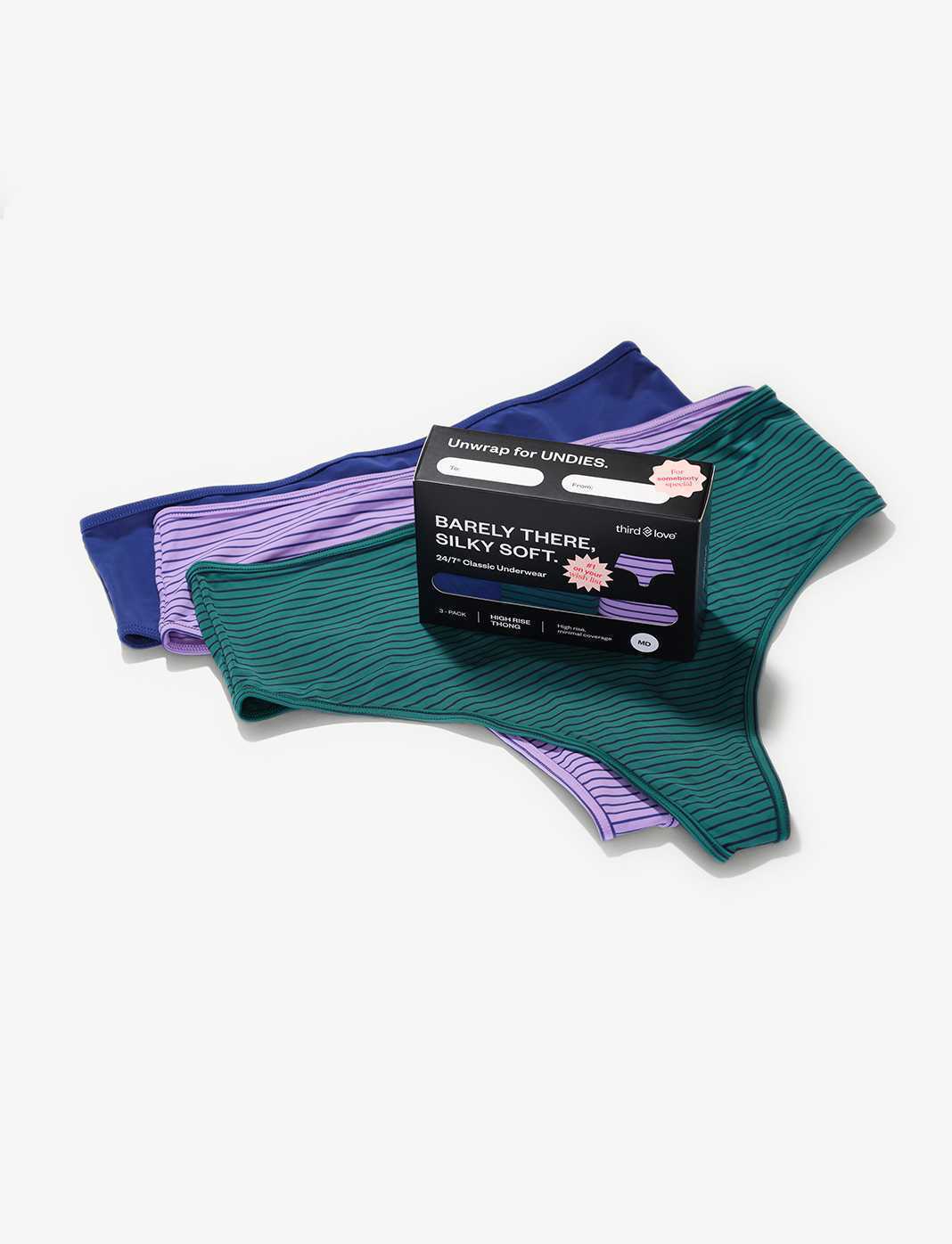 Blue, Green Stripe & Purple Stripe High Waist Thong 3 Pack Box